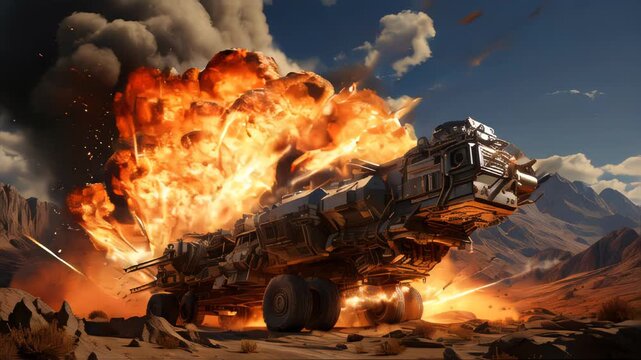 Military heavy armored armed SUV infantry fighting vehicle in battle on the battlefield in the war