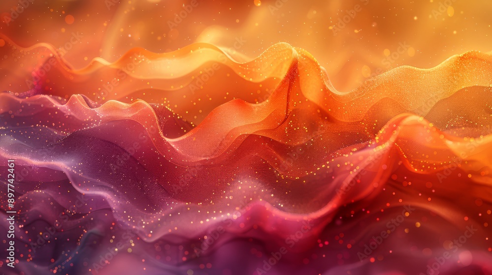 Poster abstract art featuring vibrant waves in warm colors and light particles creating an ethereal atmosph