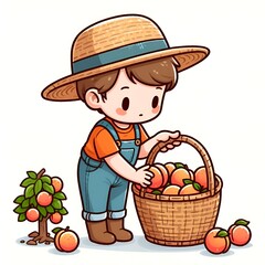 a child farmer with peaches in a basket. Generative ai
