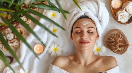 a woman laying down with a towel on her head