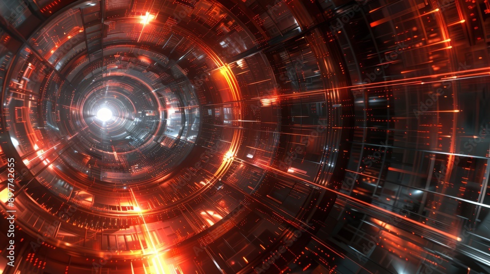 Poster vivid hightech virtual tunnel featuring futuristic redtoned design with glowing lights and techy vib
