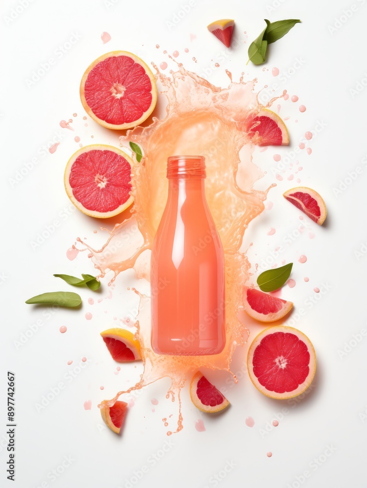 Poster grapefruit juice in a bottle with grapefruit slices and splash.