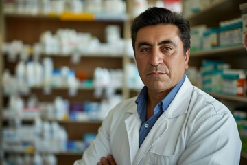 Fototapeta premium An experienced male pharmacist standing in a pharmacy, symbolizing expertise and professionalism in healthcare. Perfect for medical and professional themes.
