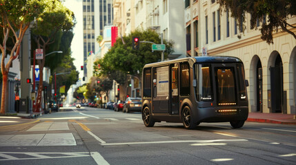 Fototapeta premium Autonomous Shuttle Driving on City Street
