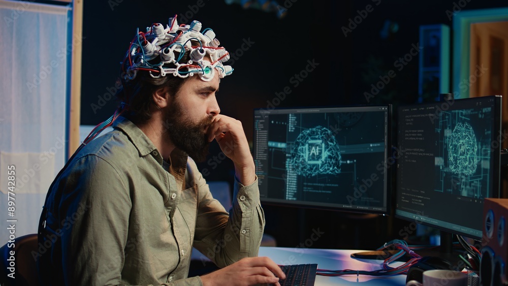 Poster it expert using eeg headset and machine learning to upload brain into computer, gaining immortality.