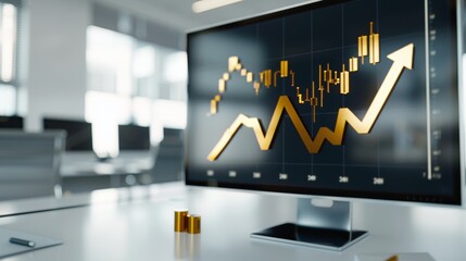 An elegant office with a central digital display showing financial charts. Arrows in metallic gold and silver denote growth and decline. The atmosphere is calm, with a focus on precision and strategy