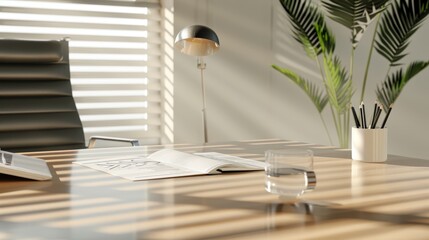 An executive office featuring arrows as a metaphor for business investment pathways. The space is brightened by a mix of natural sunlight and soft artificial lighting, highlighting financial documents