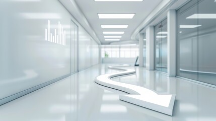 Arrows creating a spiral, representing dynamic investment strategies, in a modern office with digital screens and a sleek design