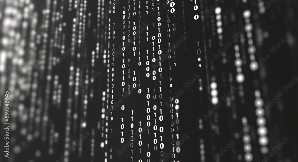 Poster white binary code displayed on a black background, symbolizing digital information and cyber technol