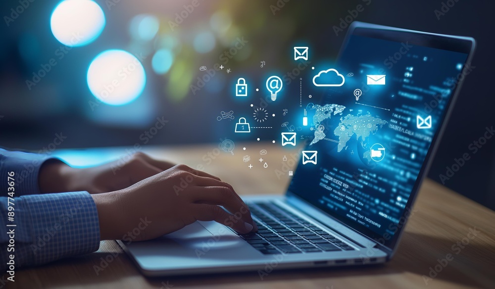 Poster a person using a laptop with icons representing cloud computing and data transfer.