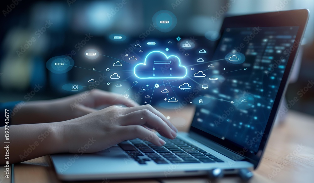 Poster hands typing on a laptop with cloud computing and data transfer icons.