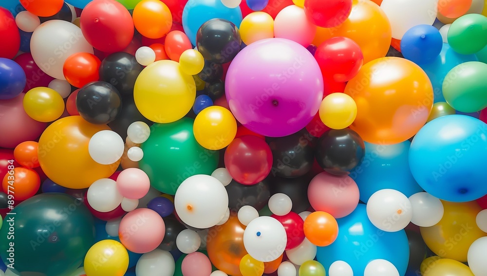 Poster a vibrant collection of multicolored balloons of various sizes, creating a cheerful and lively scene