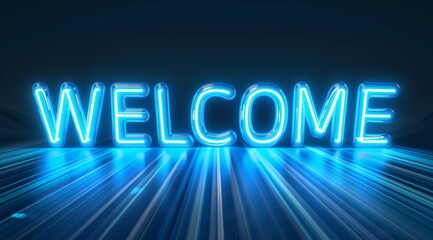Blue glowing neon sign displaying the word WELCOME with light reflections.
