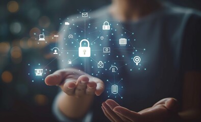 A person holding digital security icons with connected lines in their hands.