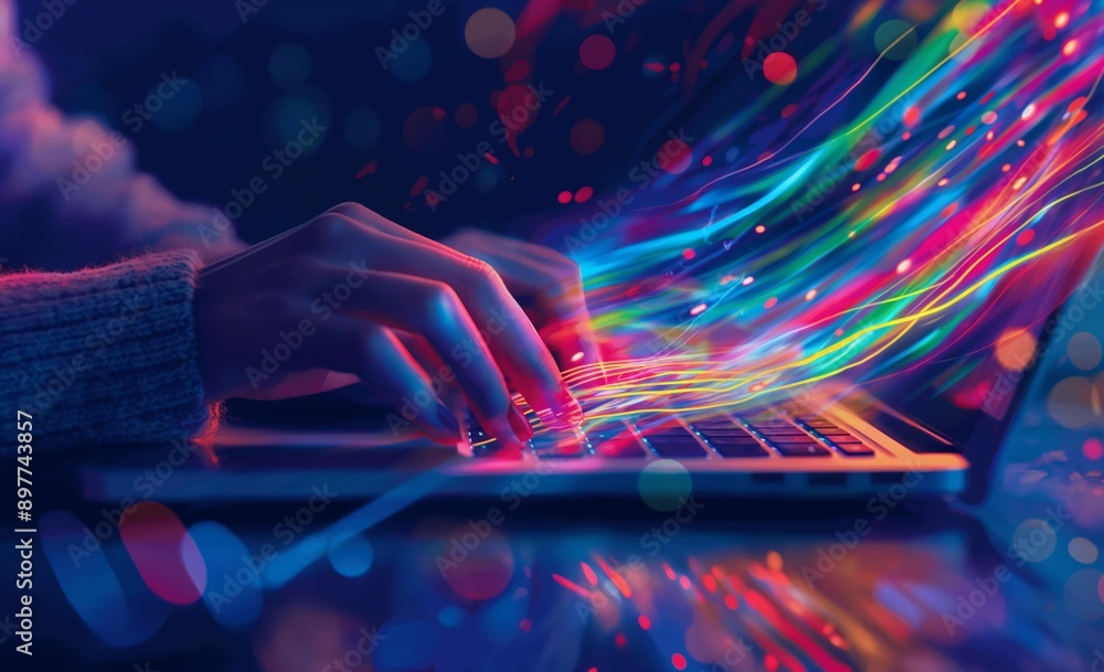 Poster a person typing on a laptop with colorful digital lines representing data flows.
