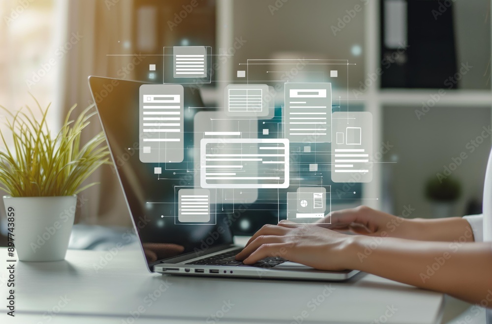 Poster a person using a laptop with digital forms and documents floating above it.