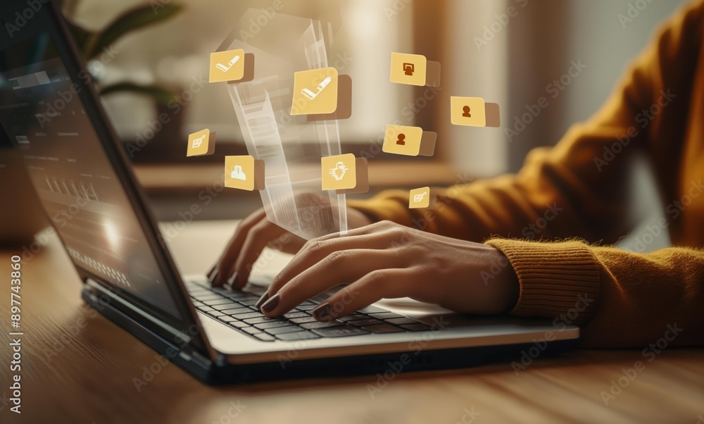 Poster a person typing on a laptop with floating file icons representing document scanning and storage.