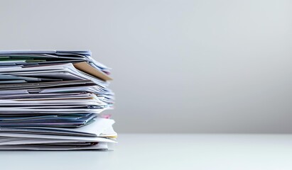 A stack of office documents organized and piled on a desk.