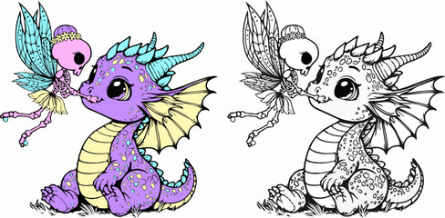 SVG illustration of a cute skeleton fairy playing with a baby dragon, halloween clipart, color version and coloring pages version ideal for sublimation