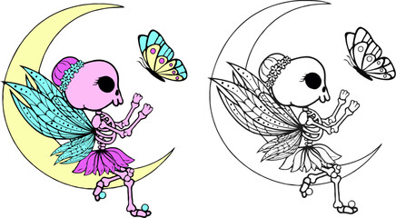 Fototapeta premium SVG illustration of a cute skeleton fairy sitting on the moon and catching a butterfly, halloween clipart, color version and coloring pages version ideal for sublimation