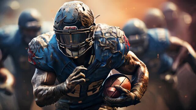 An American football player in a sports protective helmet runs along the playing field