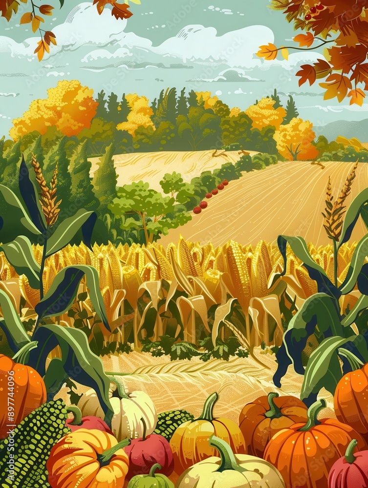 Poster a vibrant field of corn stalks with pumpkins and apples scattered throughout, framed by trees with a