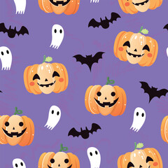 Cute halloween seamless pattern. Pumpkins, bats, and ghosts on the purple background.