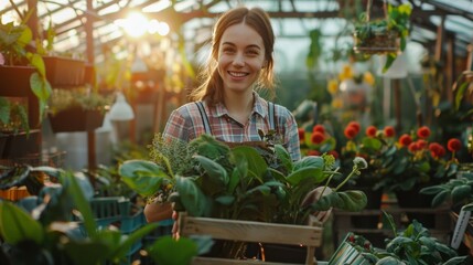 Obraz premium Beautiful young farmer girl smiling at the camera while holding a basket with plants and vegetables