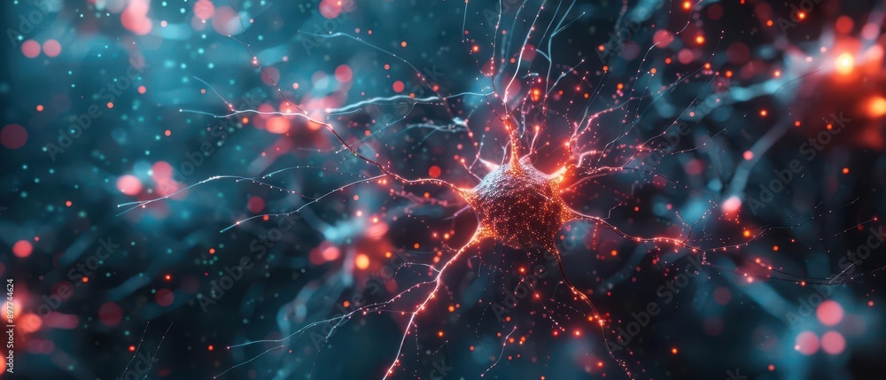 Poster holographic neural network overlaying a dark abstract background
