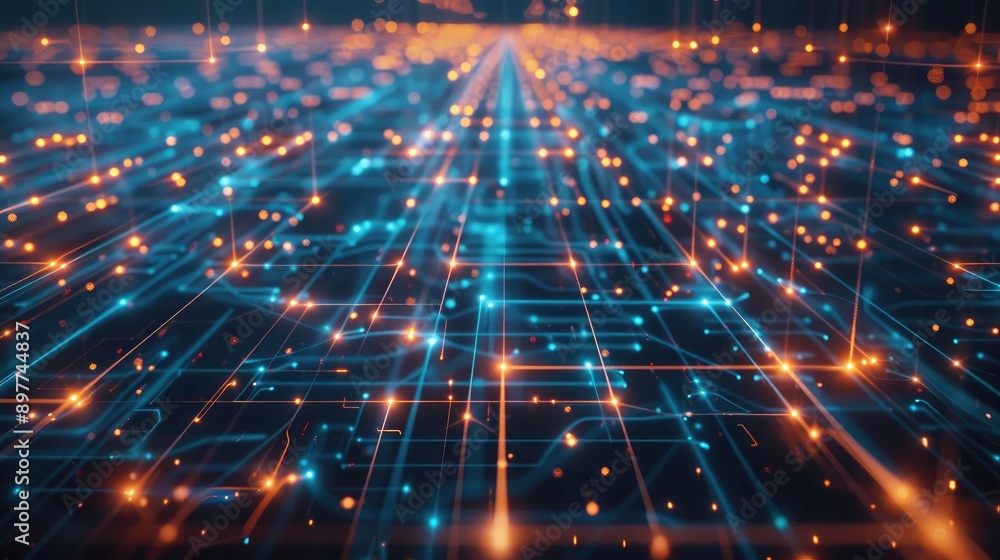 Poster abstract tech grid background with glowing network nodes and lines, symbolizing data communication.