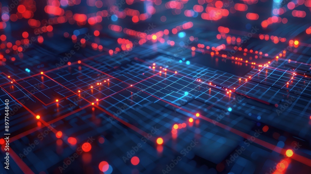 Poster abstract tech grid background with glowing network nodes and lines, symbolizing data communication.