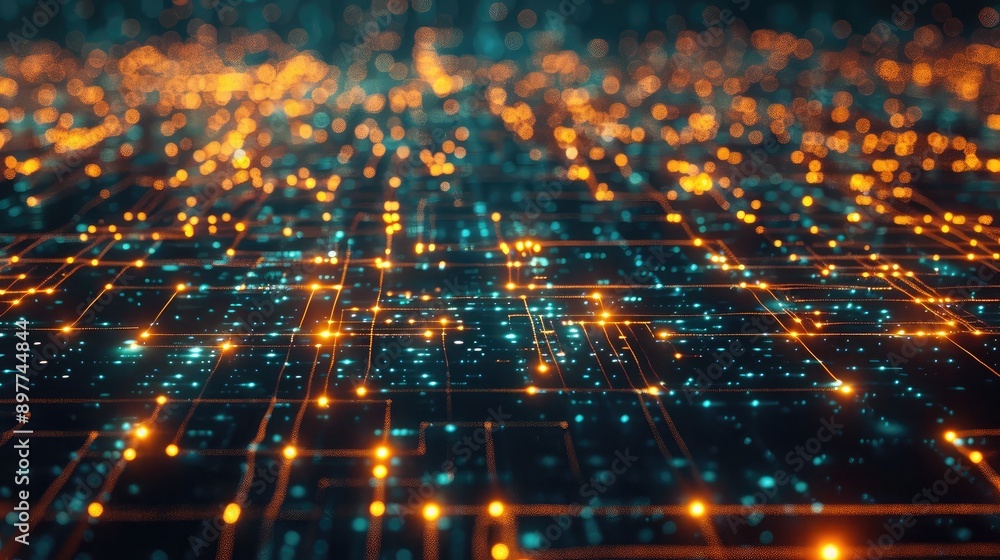Poster abstract tech grid background with glowing network nodes and lines, symbolizing data communication.