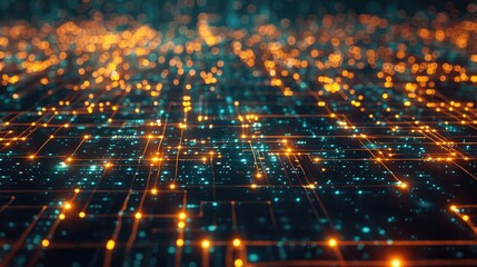 Obraz premium Abstract tech grid background with glowing network nodes and lines, symbolizing data communication.