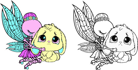 SVG Illustration of Sad Skeleton Fairy Hugging a Rabbit Like a Stuffed Animal, halloween clipart, color version and coloring pages version ideal for sublimation