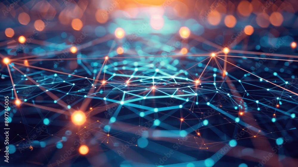 Poster abstract technology background with interconnected lines and data streams, highlighting network comm