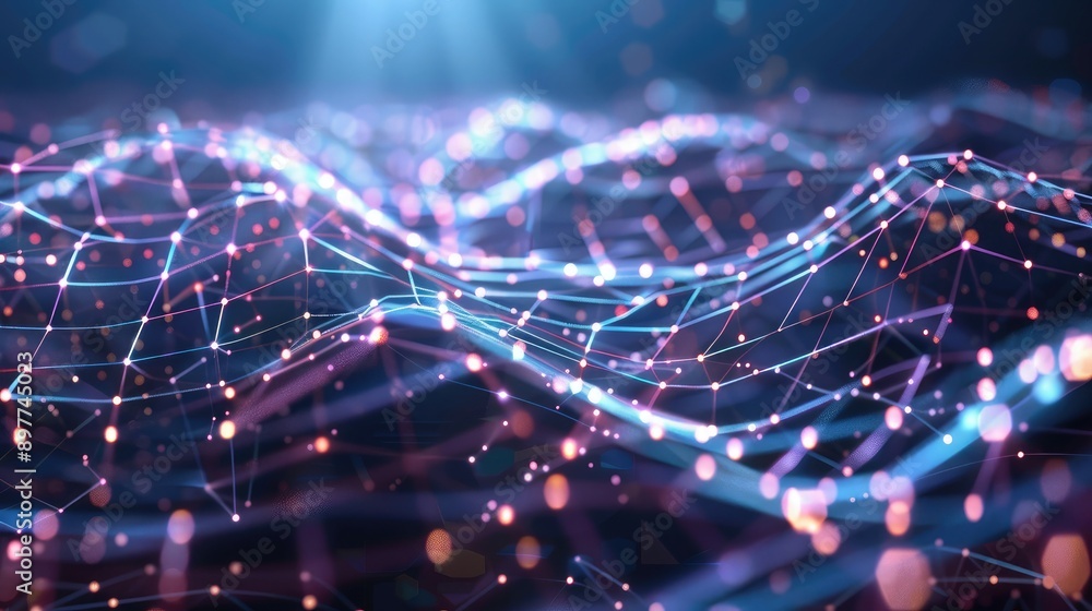 Poster abstract technology background with interconnected lines and data streams, highlighting network comm