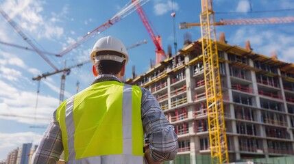 Civil Engineer Construction Management A construction manager overseeing a building project with cranes in the background