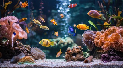 Obraz premium A tropical fish tank with a vibrant mix of fish and coral formations.