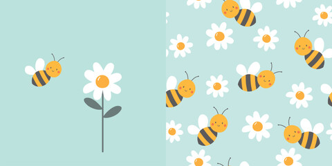 Cute bee card and seamless pattern. Background for kids with bees and daisies. Vector illustration. It can be used for wallpapers, wrapping, cards, patterns for clothes and other.