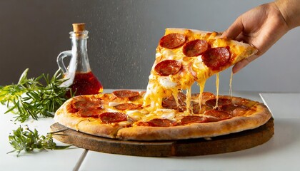 Pepperoni Pizza Slice. A slice of freshly baked pepperoni pizza melted cheese pull.