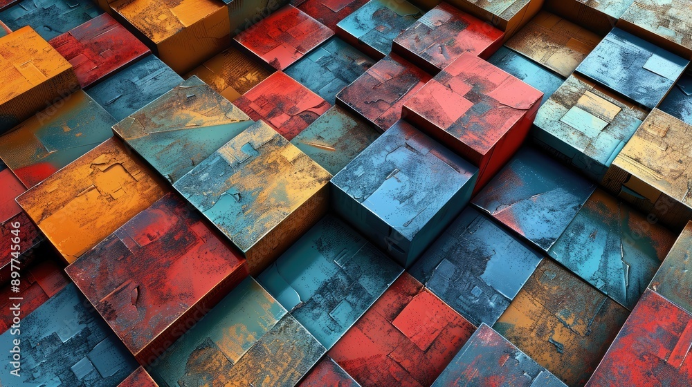 Aufkleber abstract 3d cubes arranged in a grid pattern with varying colors and textures, adding depth and dime