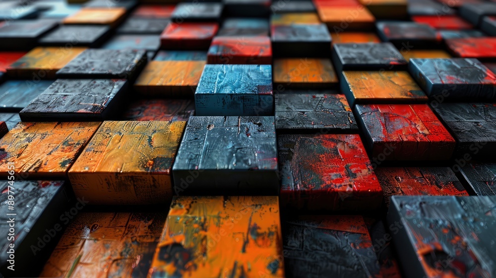 Aufkleber abstract 3d cubes arranged in a grid pattern with varying colors and textures, adding depth and dime