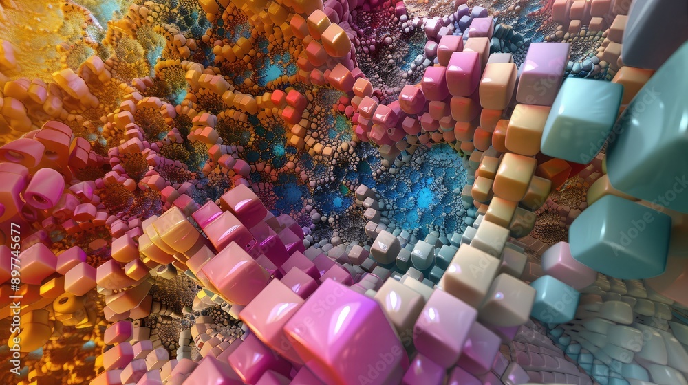 Poster abstract 3d cubes with varying sizes and colors, creating a sense of depth and complexity.