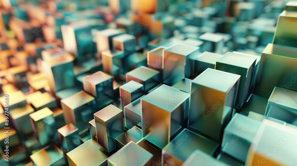 Poster abstract 3d cubes with varying sizes and colors, creating a sense of depth and complexity.