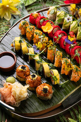 Elegant Sushi Rolls with Floral Garnish, Vibrant Sushi Platter with Edible Flowers, Artistic Presentation of Sushi and Flowers, Gourmet Sushi Dish with Decorative Touch
