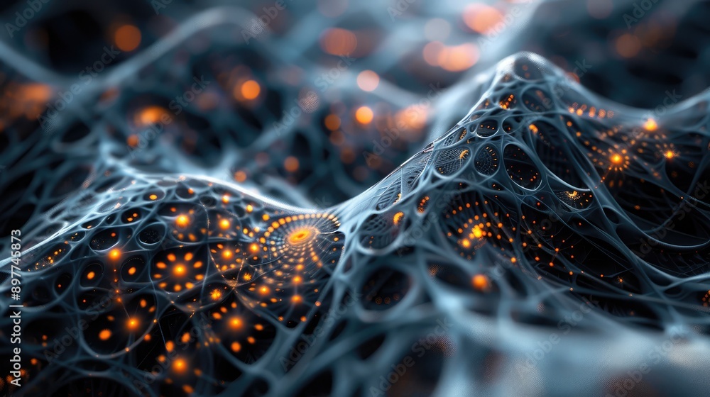 Poster abstract 3d fractal design with glowing nodes and intricate patterns, symbolizing computational comp