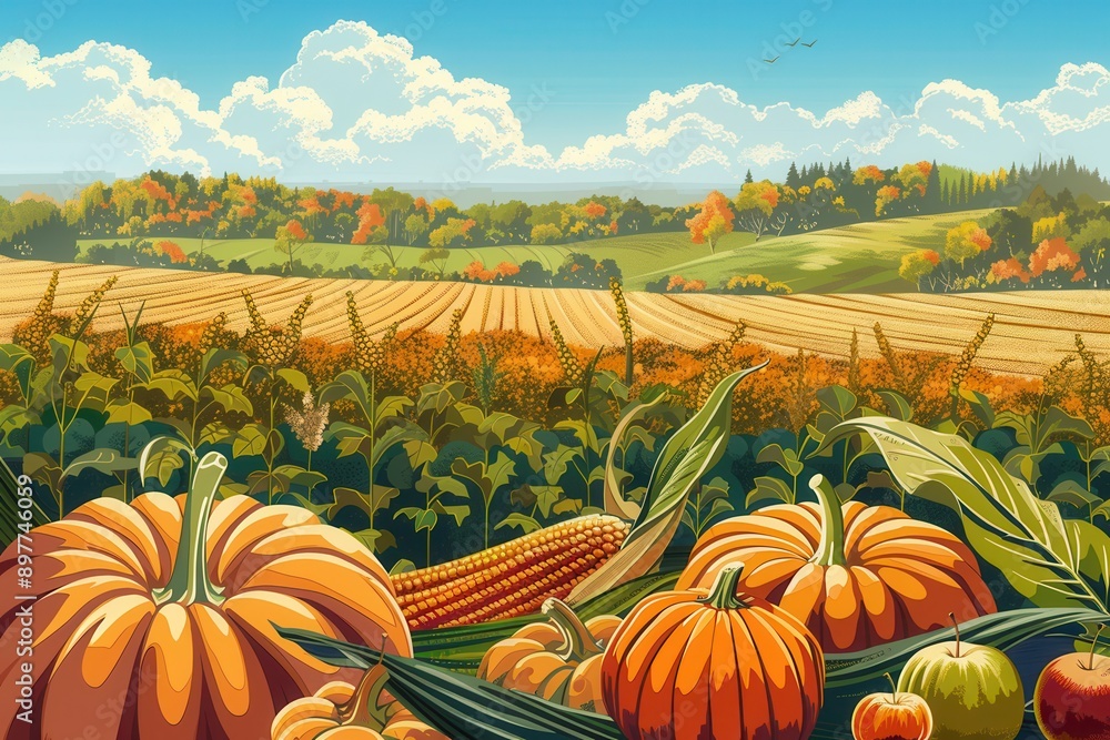 Aufkleber a field of ripe pumpkins, corn, and apples sits beneath a clear blue sky. rolling hills and a line o