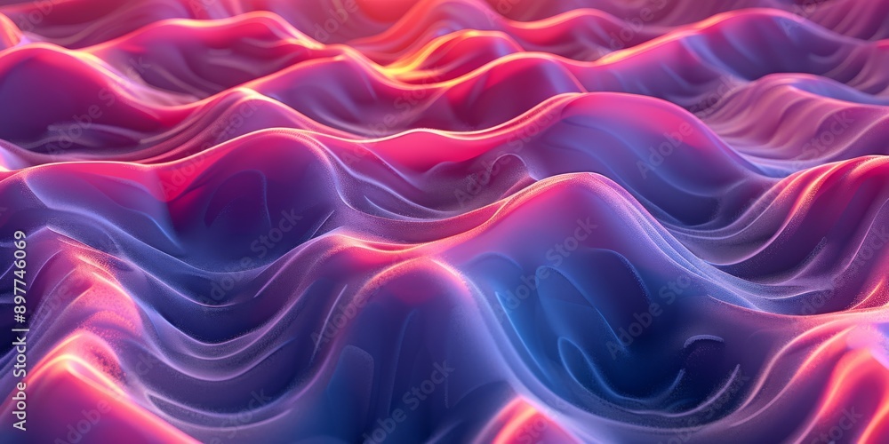 Poster colorful 3d rendering of a wavy surface with pink and blue gradient lighting, creating abstract and 