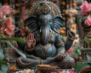 Fototapeta premium Serene Ganesha Statue in Decorated Hindu Temple with Offerings | Spiritual Deity Sculpture in Sacred Temple Setting