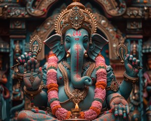 Majestic Statue of Ganesha in a Decorated Hindu Temple with Offerings at His Feet